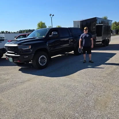 Customer picking up a new enclosed trailer at Right Wheels in Derby, VT